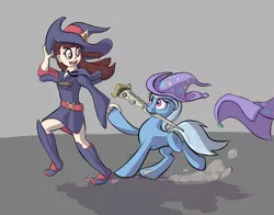 Size: 2300x1800 | Tagged: safe, artist:jellerjar, derpibooru import, trixie, human, pony, unicorn, 4chan, akko kagari, belt, boots, cape, clothes, cute, drawthread, dress, hat, little witch academia, looking back, mouth hold, open mouth, running, side slit, skirt, smiling, trixie's cape, trixie's hat, witch hat