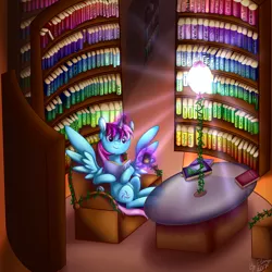 Size: 5500x5500 | Tagged: safe, artist:elariya, derpibooru import, oc, oc:parcly taxel, unofficial characters only, alicorn, pony, albumin flask, absurd resolution, alicorn oc, art trade, book, bookshelf, bottle, couch, crepuscular rays, female, horn ring, lamp, levitation, library, magic, mug, reading, solo, table, telekinesis, vine