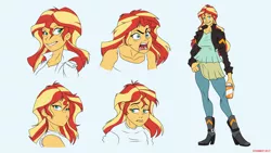 Size: 1920x1080 | Tagged: safe, artist:atariboy2600, derpibooru import, sunset shimmer, comic:the amazonian effect, equestria girls, blue background, boots, bust, can, clothes, female, high heel boots, jacket, leather jacket, looking at you, reference sheet, simple background, sleeveless, soda, soda can, solo