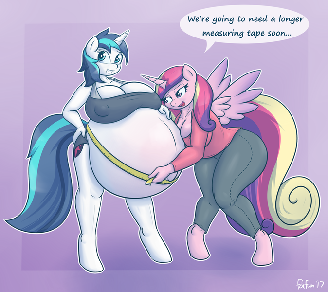 Size: 3000x2669 | Tagged: questionable, artist:funble, derpibooru import, princess cadance, shining armor, anthro, unguligrade anthro, bedroom eyes, belly, big belly, big breasts, breasts, busty gleaming shield, busty princess cadance, cleavage, dialogue, embarrassed, female, gleaming cadance, gleaming shield, half r63 shipping, hyper, hyper pregnancy, implied transformation, impossibly large belly, lesbian, lovebutt, measuring tape, png, pregarmor, pregnant, puffy nipples, rule 63, shipping, simple background, spread wings, this will end in even more pregnancies, wide hips, wings