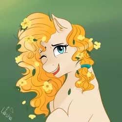 Size: 4000x4000 | Tagged: safe, artist:varshacoro, derpibooru import, pear butter, earth pony, pony, the perfect pear, absurd resolution, cute, female, flower, flower in hair, gradient background, mare, one eye closed, pearabetes, solo
