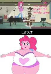 Size: 1280x1859 | Tagged: suggestive, artist:shitigal-artust, derpibooru import, edit, edited screencap, screencap, pinkie pie, dance magic, equestria girls, spoiler:eqg specials, adorafatty, balloon, bbw, belly, big belly, big breasts, boots, bracelet, breasts, busty pinkie pie, cake, chocolate cake, cleavage, clothes, cute, diapinkes, double chin, eyes closed, fat, female, food, high heel boots, jewelry, music notes, obese, piano, piggy pie, pudgy pie, skirt, solo, ssbbw, teletoon, twilight's castle, weight gain, wide hips