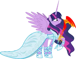 Size: 4491x3460 | Tagged: safe, artist:bigmk, derpibooru import, philomena, twilight sparkle, twilight sparkle (alicorn), alicorn, phoenix, pony, absurd resolution, clothes, dress, duo, ethereal mane, female, high res, mare, older, raised hoof, simple background, transparent background, ultimate twilight, vector