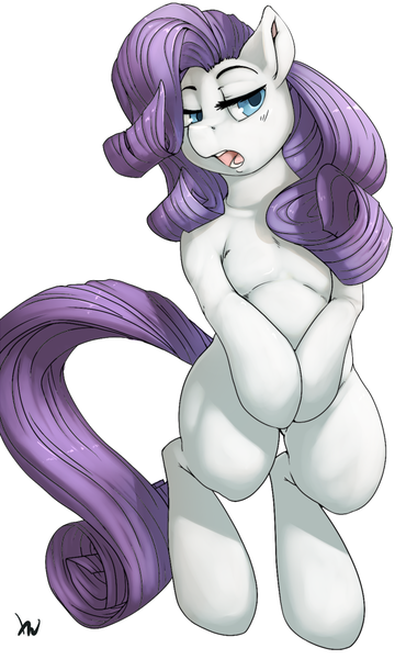 Size: 629x1020 | Tagged: suggestive, artist:violise, derpibooru import, rarity, pony, bedroom eyes, bipedal, female, looking at you, open mouth, solo, solo female