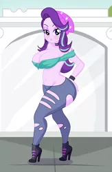 Size: 1000x1531 | Tagged: suggestive, artist:annon, derpibooru import, starlight glimmer, equestria girls, mirror magic, spoiler:eqg specials, beanie, bedroom eyes, belly button, big breasts, bimbo, bimbo glimmer, blushing, boots, bracelet, breasts, busty starlight glimmer, cleavage, clothes, eyelashes, eyeshadow, female, hand on butt, hat, high heel boots, huge breasts, jewelry, lipstick, looking at you, makeup, open mouth, ripped pantyhose, show style adventure, solo, solo female, statue, torn clothes