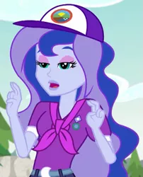 Size: 481x594 | Tagged: safe, derpibooru import, screencap, princess luna, equestria girls, legend of everfree, air quotes, camp everfree outfits, cap, clothes, cropped, hat, implying, lidded eyes, scarf, solo, vice principal luna