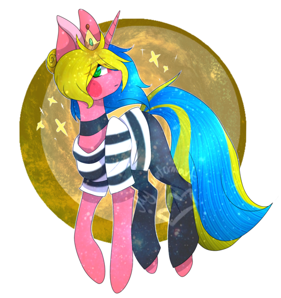 Size: 1665x1765 | Tagged: safe, artist:alithecat1989, derpibooru import, oc, oc:flaion, unofficial characters only, pony, unicorn, clothes, crown, jewelry, pants, regalia, shirt, simple background, solo, striped shirt, transparent background