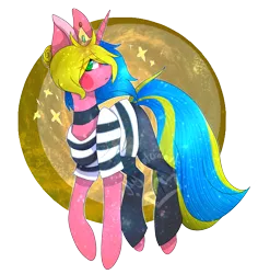 Size: 1665x1765 | Tagged: safe, artist:alithecat1989, derpibooru import, oc, oc:flaion, unofficial characters only, pony, unicorn, clothes, crown, jewelry, pants, regalia, shirt, simple background, solo, striped shirt, transparent background