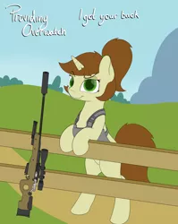 Size: 1990x2500 | Tagged: safe, artist:chamberofsnejwitz, derpibooru import, oc, oc:fancy fletch, unofficial characters only, pony, unicorn, clothes, gun, leaning, text, vest, weapon