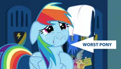 Size: 1252x716 | Tagged: safe, derpibooru import, edit, edited screencap, screencap, rainbow dash, pony, parental glideance, abuse, background pony strikes again, blatant lies, crying, dashabuse, image macro, meme, op started shit, sad, worst pony