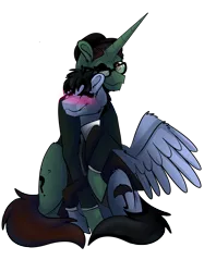 Size: 2048x2732 | Tagged: safe, artist:percy-mcmurphy, derpibooru import, ponified, pegasus, pony, unicorn, batman, blushing, bowler hat, clothes, dc comics, edward nygma, eyes closed, gay, glasses, gotham, hat, male, necktie, one eye closed, oswald cobblepot, shipping, simple background, stallion, suit, the penguin, the riddler, transparent background