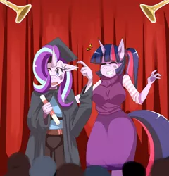 Size: 1376x1436 | Tagged: alicorn, anthro, artist:traupa, breasts, clothes, crowd, derpibooru import, diploma, duo, floppy ears, graduation, graduation cap, grin, hat, safe, smiling, starlight glimmer, twilight sparkle, twilight sparkle (alicorn)