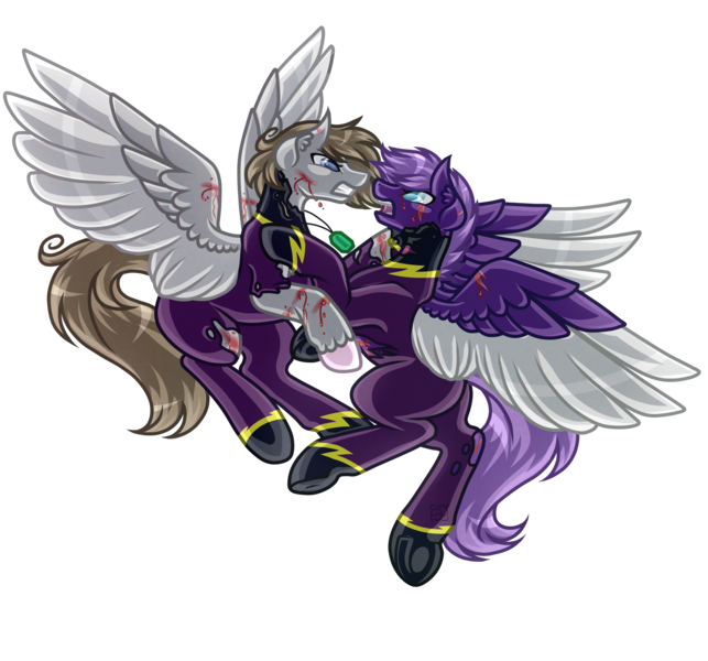 Size: 6000x5600 | Tagged: semi-grimdark, artist:amazing-artsong, derpibooru import, oc, oc:digital dusk, oc:dream weaver, unofficial characters only, pegasus, pony, absurd resolution, blood, clothes, cloud, colored wings, costume, fight, flying, male, multicolored wings, shadowbolts costume, simple background, stallion, transparent background