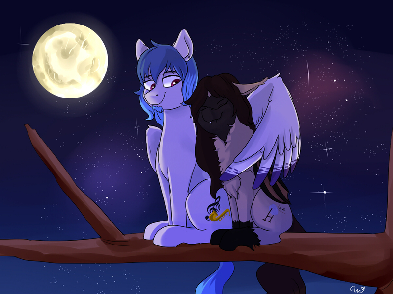 Size: 1200x900 | Tagged: safe, artist:passigcamel, derpibooru import, oc, oc:casey bleu, oc:rasta jam, unofficial characters only, bat pony, pegasus, pony, bleujam, commission, cute, eyes closed, fangs, female, full moon, gift art, hug, husband and wife, male, mare, married couple, moon, night, oc x oc, shipping, smiling, stallion, stars, straight, tree branch, winghug