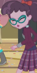 Size: 327x638 | Tagged: safe, derpibooru import, screencap, scootaloo, varsity trim, equestria girls, friendship games, boots, clothes, confetti, cropped, crystal prep academy uniform, eyes closed, female, glasses, open mouth, school uniform, shoes, skirt, solo focus