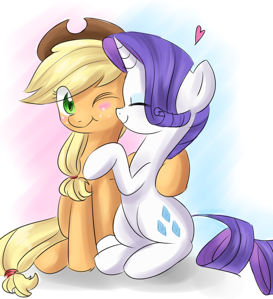 Size: 1360x1490 | Tagged: safe, artist:tcn1205, derpibooru import, applejack, rarity, earth pony, pony, unicorn, blushing, eyes closed, female, heart, hug, lesbian, mare, one eye closed, rarijack, shipping, simple background, smiling, white background