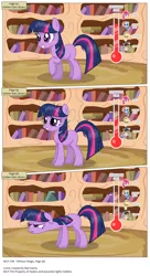 Size: 3300x6067 | Tagged: safe, artist:perfectblue97, derpibooru import, applejack, cranky doodle donkey, pinkie pie, rainbow dash, twilight sparkle, earth pony, pony, comic:without magic, absurd resolution, blank flank, book, bookshelf, comic, earth pony twilight, golden oaks library, thermometer