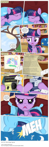 Size: 3300x9907 | Tagged: suggestive, artist:perfectblue97, derpibooru import, fluttershy, princess celestia, twilight sparkle, alicorn, earth pony, pegasus, pony, comic:without magic, 50 shades of hay, absurd resolution, annoyed, bed, blank flank, blanket, book, bookshelf, comic, cutie mark, dark magic, earth pony twilight, eyes closed, fifty shades of grey, for dummies, frown, glare, golden oaks library, hoof hold, japanese, magic, meh, on back, painting, picture, pillow, plot, pointy ponies, reading, scroll, sleeping, smiling, solo, speech bubble, sun, under the covers, window