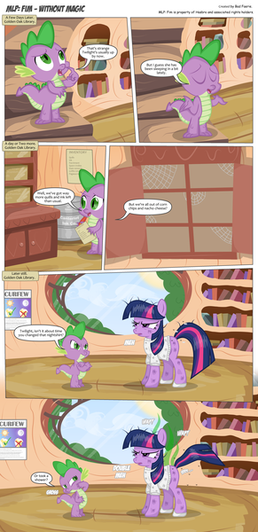 Size: 3300x6812 | Tagged: safe, artist:perfectblue97, derpibooru import, spike, twilight sparkle, dragon, earth pony, pony, comic:without magic, absurd resolution, blank flank, book, bookshelf, clothes, comic, dirty, earth pony twilight, fart, fart noise, golden oaks library, onomatopoeia, poster, sound effects