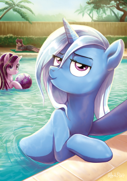 Size: 1748x2480 | Tagged: safe, artist:yulyeen, derpibooru import, maud pie, starlight glimmer, trixie, earth pony, pony, unicorn, ball, bedroom eyes, female, looking at you, mare, selfie, smiling, smirk, swimming pool, trio, water, wet, wet mane