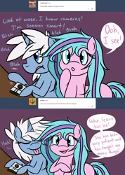 Size: 1280x1794 | Tagged: safe, artist:hummingway, derpibooru import, oc, oc:cerulean mist, oc:swirly shells, unofficial characters only, pony, unicorn, ask-humming-way, camera, comic, dialogue, duo, female, mare, speech bubble, tumblr, tumblr comic