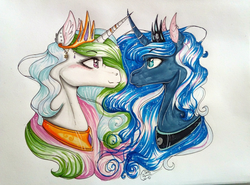 Size: 3180x2354 | Tagged: safe, artist:amai-aji, derpibooru import, princess celestia, princess luna, pony, bust, ear piercing, earring, jewelry, looking at each other, piercing, portrait, royal sisters, simple background, traditional art