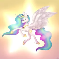 Size: 1024x1024 | Tagged: safe, artist:clarissa0210, derpibooru import, princess celestia, alicorn, pony, backlighting, eyes closed, flying, solo, sun