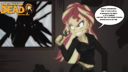 Size: 1280x720 | Tagged: safe, artist:ngrycritic, derpibooru import, sunset shimmer, equestria girls, amc, clothes, crossover, dialogue, jacket, midriff, negan, negan shimmer, russian, smiling, solo, speech bubble, the walking dead, vulgar