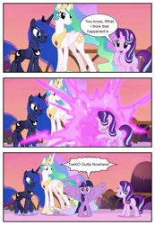 Size: 921x1334 | Tagged: safe, derpibooru import, edit, edited screencap, screencap, princess celestia, princess luna, starlight glimmer, twilight sparkle, twilight sparkle (alicorn), alicorn, pony, a royal problem, rko outta nowhere, screencap comic, spread wings, teleportation, wings