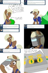 Size: 1600x2400 | Tagged: safe, artist:jake heritagu, derpibooru import, oc, oc:sandy hooves, unofficial characters only, pony, ask pregnant scootaloo, blowtorch, book, clothes, comic, emerald, saw, shoes, sweat, welding mask
