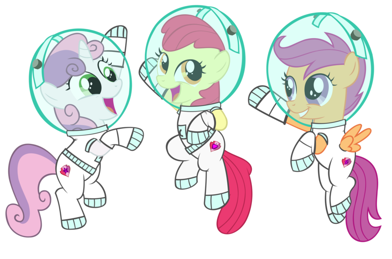 Size: 6696x4424 | Tagged: safe, artist:ironm17, derpibooru import, edit, apple bloom, scootaloo, sweetie belle, pony, absurd resolution, astronaut, cutie mark, cutie mark crusaders, female, filly, missing accessory, simple background, spacesuit, the cmc's cutie marks, transparent background, vector