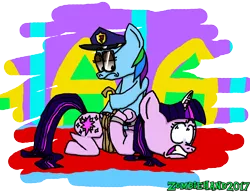 Size: 6600x5100 | Tagged: safe, artist:itszombiehand, derpibooru import, rainbow dash, twilight sparkle, twilight sparkle (alicorn), alicorn, pony, absurd resolution, arrested, bondage, bound wings, cuffed, cuffs, duo, handcuffed, horn ring, magic suppression, police