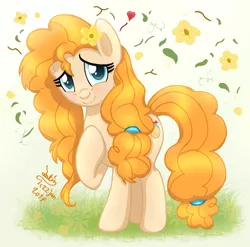 Size: 1195x1180 | Tagged: safe, artist:joakaha, derpibooru import, pear butter, earth pony, pony, the perfect pear, cute, female, flower, flower in hair, looking at you, mare, pearabetes, smiling, solo