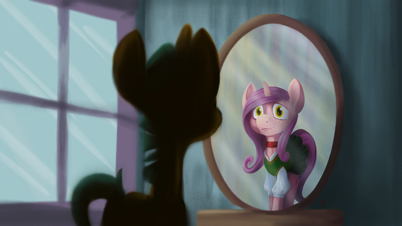 Size: 3200x1800 | Tagged: safe, artist:skrapbox, derpibooru import, snails, pony, unicorn, fanfic, choker, escargot, fanfic art, reflection, rule 63