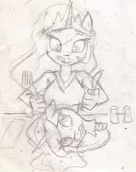 Size: 605x765 | Tagged: grimdark, artist:dertikleen, derpibooru import, princess celestia, princess luna, anthro, breasts, cannibalism, decapitated, disembodied head, food, fork, horse meat, knife, licking, licking lips, meat, monochrome, pony as food, severed head, tongue out, traditional art