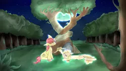 Size: 3840x2160 | Tagged: safe, artist:ruby dusk, derpibooru import, bright mac, pear butter, ghost, the perfect pear, apple tree, bittersweet, brightbutter, female, forest, grass field, hat, intertwined trees, male, night, night sky, pear tree, ponytail, rest in peace, shipping, sky, straight, tear jerker, tree, wallpaper