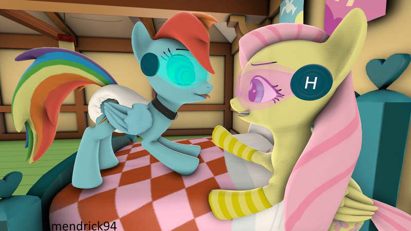 Size: 3840x2160 | Tagged: questionable, artist:mendrick94, derpibooru import, fluttershy, rainbow dash, pony, 3d, clothes, collar, diaper, diaper fetish, fetish, hypno dash, hypnogear, hypnosis, hypnotized, socks, source filmmaker, striped socks, swirly eyes, tech control