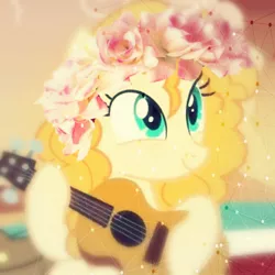 Size: 658x658 | Tagged: safe, artist:bezziie, derpibooru import, edit, screencap, pear butter, pony, the perfect pear, floral head wreath, flower, solo