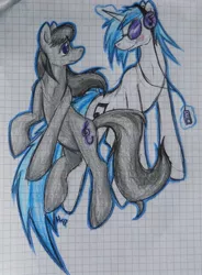 Size: 574x779 | Tagged: safe, artist:haterthepony, derpibooru import, octavia melody, vinyl scratch, earth pony, pony, unicorn, blushing, duo, female, graph paper, headphones, ipod, mare, traditional art