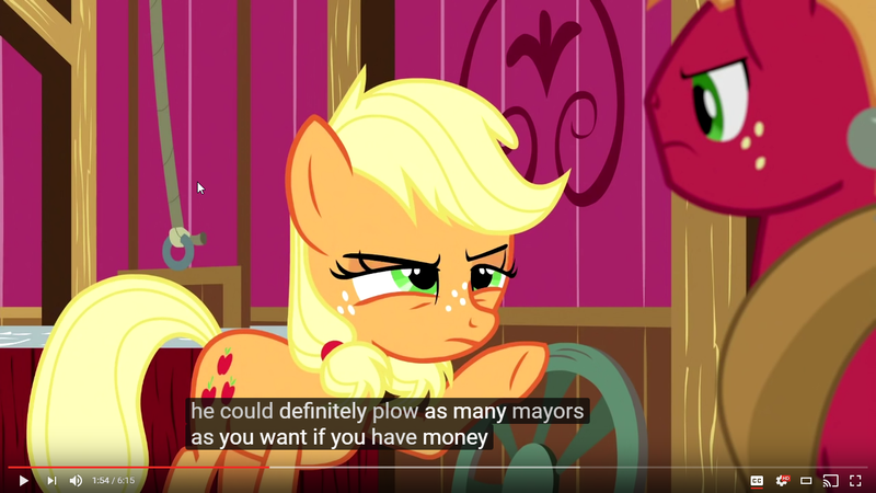 Size: 1280x720 | Tagged: suggestive, artist:dwk, derpibooru import, edit, edited screencap, screencap, applejack, big macintosh, pony, totally legit recap, where the apple lies, caption, female, implied mayor mare, implied sex, innuendo, male, mare, meme, stallion, teenage applejack, teenage big macintosh, teenager, youtube caption