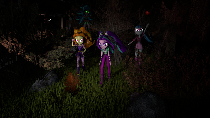 Size: 3840x2160 | Tagged: safe, artist:timetimeout, derpibooru import, adagio dazzle, aria blaze, gaea everfree, gloriosa daisy, sonata dusk, equestria girls, legend of everfree, rainbow rocks, 3d, clothes, forest, glowing eyes, night, smiling, source filmmaker, the dazzlings