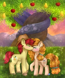 Size: 1024x1229 | Tagged: safe, artist:northlights8, derpibooru import, bright mac, pear butter, pony, the perfect pear, apple tree, blushing, brightbutter, female, intertwined trees, kissing, male, pear tree, shipping, straight, tree