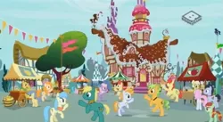 Size: 1531x839 | Tagged: safe, derpibooru import, screencap, bright mac, candy apples, goldengrape, grand pear, granny smith, pear butter, sir colton vines iii, pony, the perfect pear, apple family member, background pony, brightbutter, crowd, dancing, female, male, shipping, straight, young grand pear, young granny smith, younger