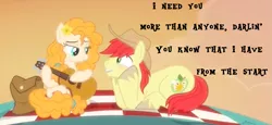 Size: 1139x523 | Tagged: safe, derpibooru import, edit, edited screencap, screencap, bright mac, pear butter, the perfect pear, brightbutter, build me up buttercup, cowboy hat, female, guitar, hat, lyrics, male, picnic, picnic blanket, shipping, song reference, stealth pun, stetson, straight, text, the foundations