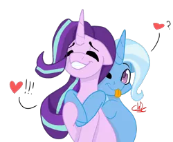 Size: 876x723 | Tagged: safe, artist:php89, derpibooru import, starlight glimmer, trixie, pony, unicorn, :3, :p, colored pupils, commission, cute, diatrixes, exclamation point, eyes closed, female, floppy ears, glimmerbetes, grin, heart, hug, lesbian, mare, one eye closed, question mark, shipping, signature, simple background, smiling, startrix, tongue out, transparent background, wink