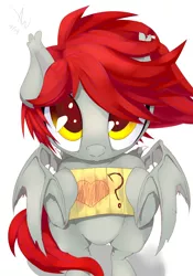 Size: 896x1280 | Tagged: safe, artist:violise, derpibooru import, oc, unofficial characters only, bat pony, pony, bat pony oc, bipedal, cute, fangs, female, gray coat, looking at you, mare, paper, red mane, simple background, smiling, solo, yellow eyes