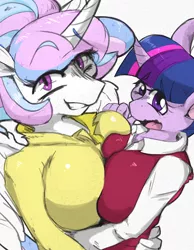 Size: 3500x4500 | Tagged: absurd resolution, alicorn, anthro, artist:violise, asymmetrical docking, big breasts, breasts, busty princess celestia, busty twilight sparkle, clothes, comic cover, cover, derpibooru import, embarrassed, female, grin, huge breasts, lesbian, looking at you, mare, princess celestia, school uniform, shipping, simple background, smiling, suggestive, symmetrical docking, twilestia, twilight sparkle