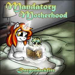 Size: 1000x1000 | Tagged: safe, artist:paintsplotch, derpibooru import, oc, oc:chris, oc:starla, ponified, unofficial characters only, pony, unicorn, fanfic, fanfic:mandatory motherhood, ponies after people, adopted offspring, bedtime story, cute, family, fanfic art, fanfic cover, female, foal, human to pony, male to female, mare, mother and daughter, prone, reading, rule 63, transformation, transformed, transgender transformation