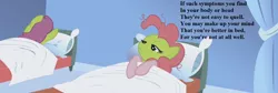 Size: 1280x431 | Tagged: safe, derpibooru import, edit, edited screencap, screencap, cherry punch, pinkie pie, earth pony, pony, applebuck season, baked bads, bed, cropped, female, gilbert and sullivan, green face, lyrics, mare, sick, song reference, text, the grand duke