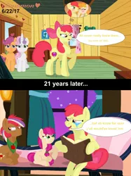 Size: 2048x2732 | Tagged: safe, artist:cinnamon-swirls, derpibooru import, apple bloom, bright mac, pear butter, scootaloo, sweetie belle, oc, oc:autumn glory, oc:outstretch orchard, pony, the perfect pear, bittersweet, book, brightbutter, clubhouse, crusaders clubhouse, crying, female, freckles, male, night, night sky, offspring, older, older apple bloom, parent:apple bloom, parent:tender taps, parents:tenderbloom, ponytail, shipping, sky, speech bubble, stars, straight, talking
